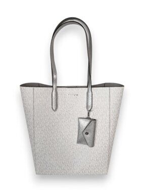 Michael Kors Vincent Large White And Metallic Silver Canvas Tote Coin Pouch NWT